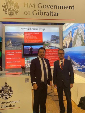 Former Exchequer Secretary to the Treasury Alan Mak MP with Dr Garcia at the Gibraltar stand in Birmingham 
